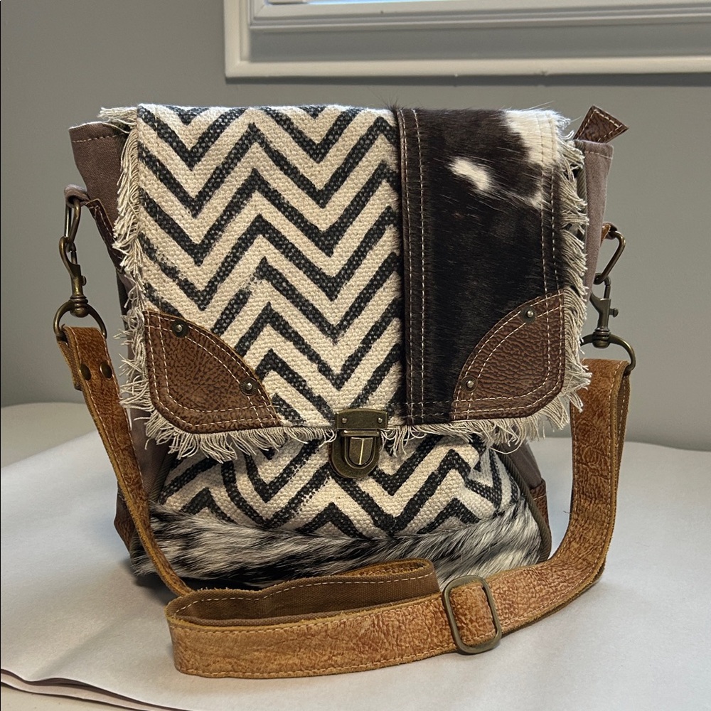 Myra Boho Festival Patterned Leather Canvas Crossbody Bag